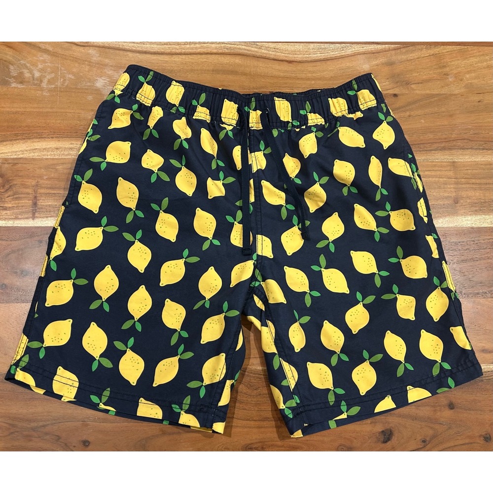 Hanna Andersson Mens Swim Trunks Navy Blue Yellow Lemon Print Mesh Lined Small